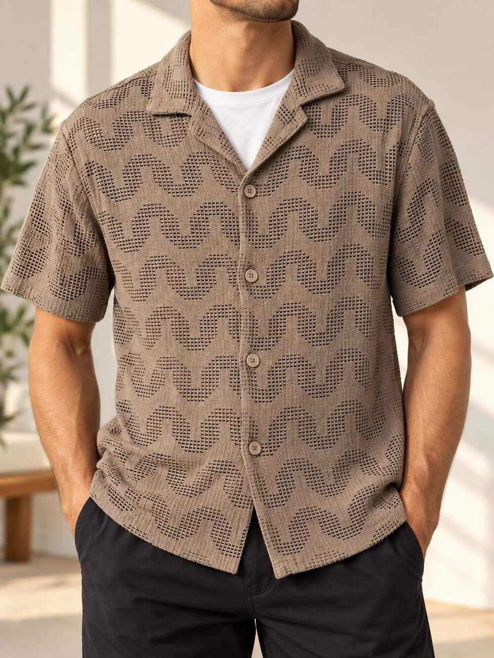 No Boundaries Textured Wave Resort Shirt Size S Brown